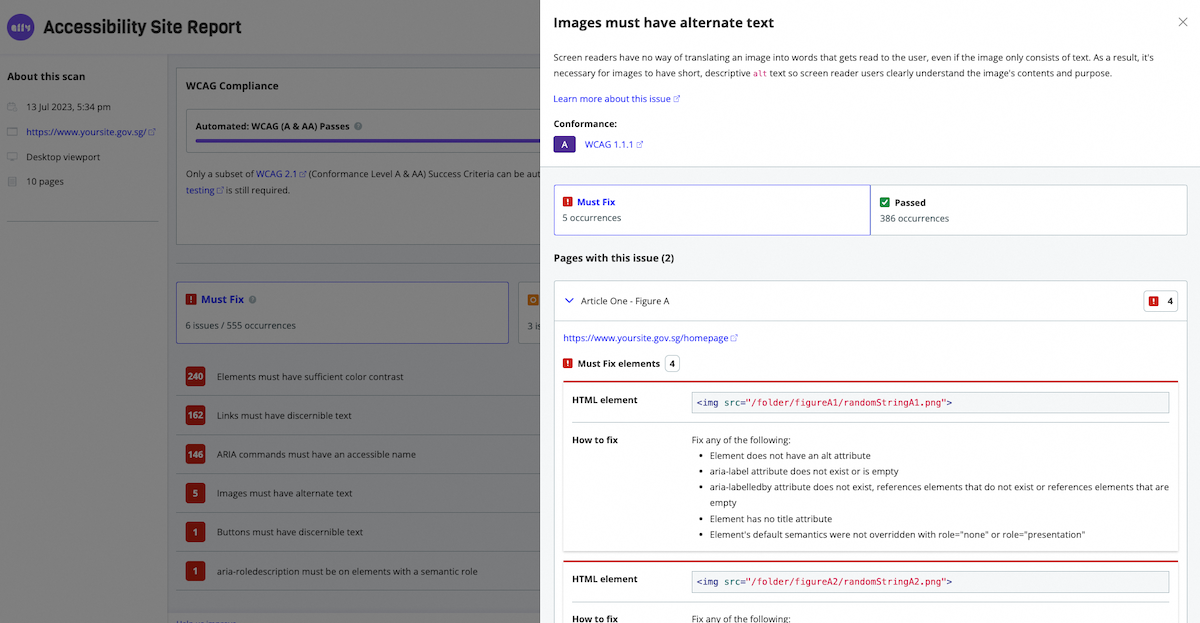 Fig 1: Sample screenshot of a Purple A11y report showing accessibility issues regarding images missing alt text.
